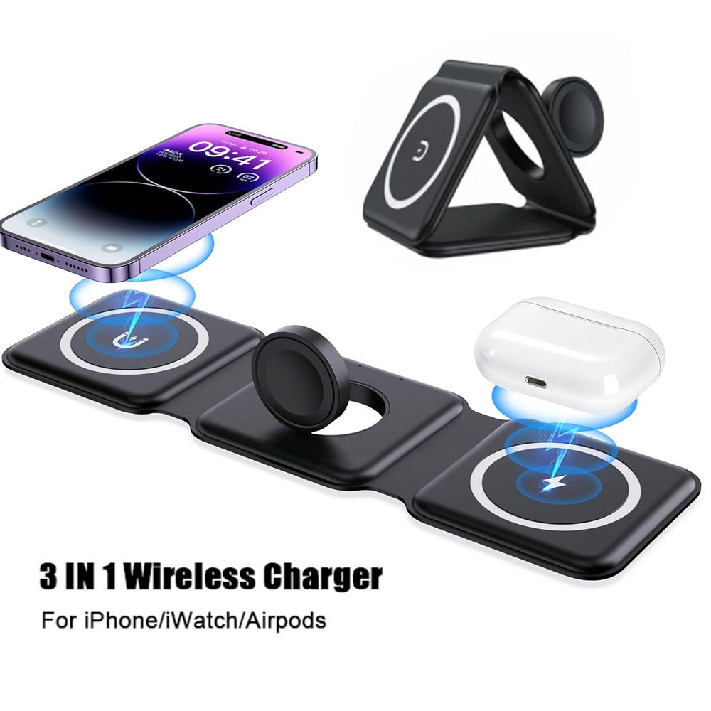 3-in-1 Travel Wireless Charger for iPhone 16 15 14 13 12, Apple Watch Series, AirPods 4 3 2 Pro – Fast Charging Station for Apple & Android, Foldable Portable Design